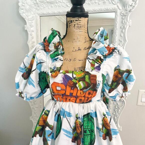 New York Couture Reworked Teenage Mutant Ninja Turtles Ruffle Puff Sleeve Dress - Picture 4 of 6